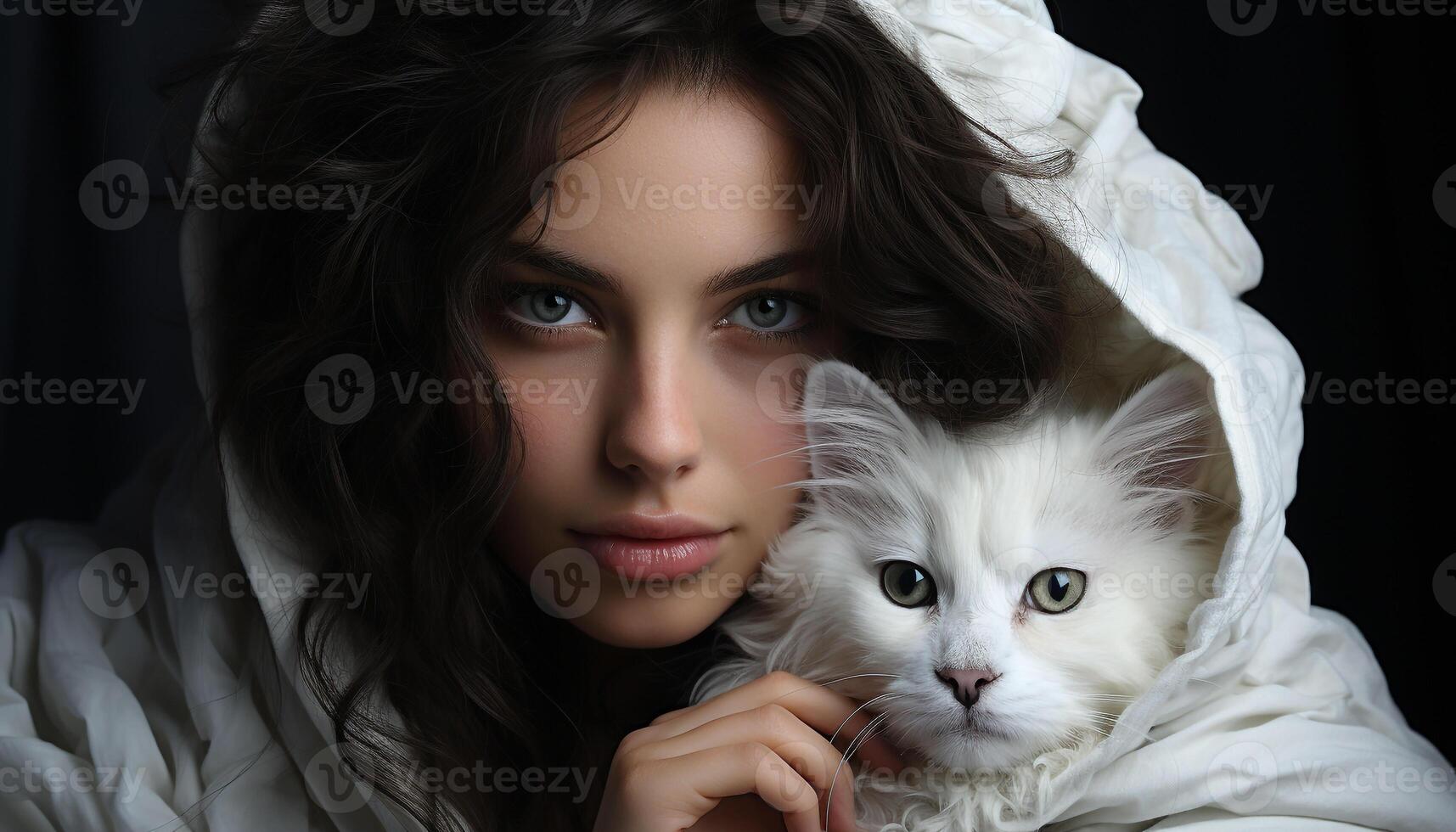 Cute woman with long hair smiling, looking at adorable kitten generated by AI photo