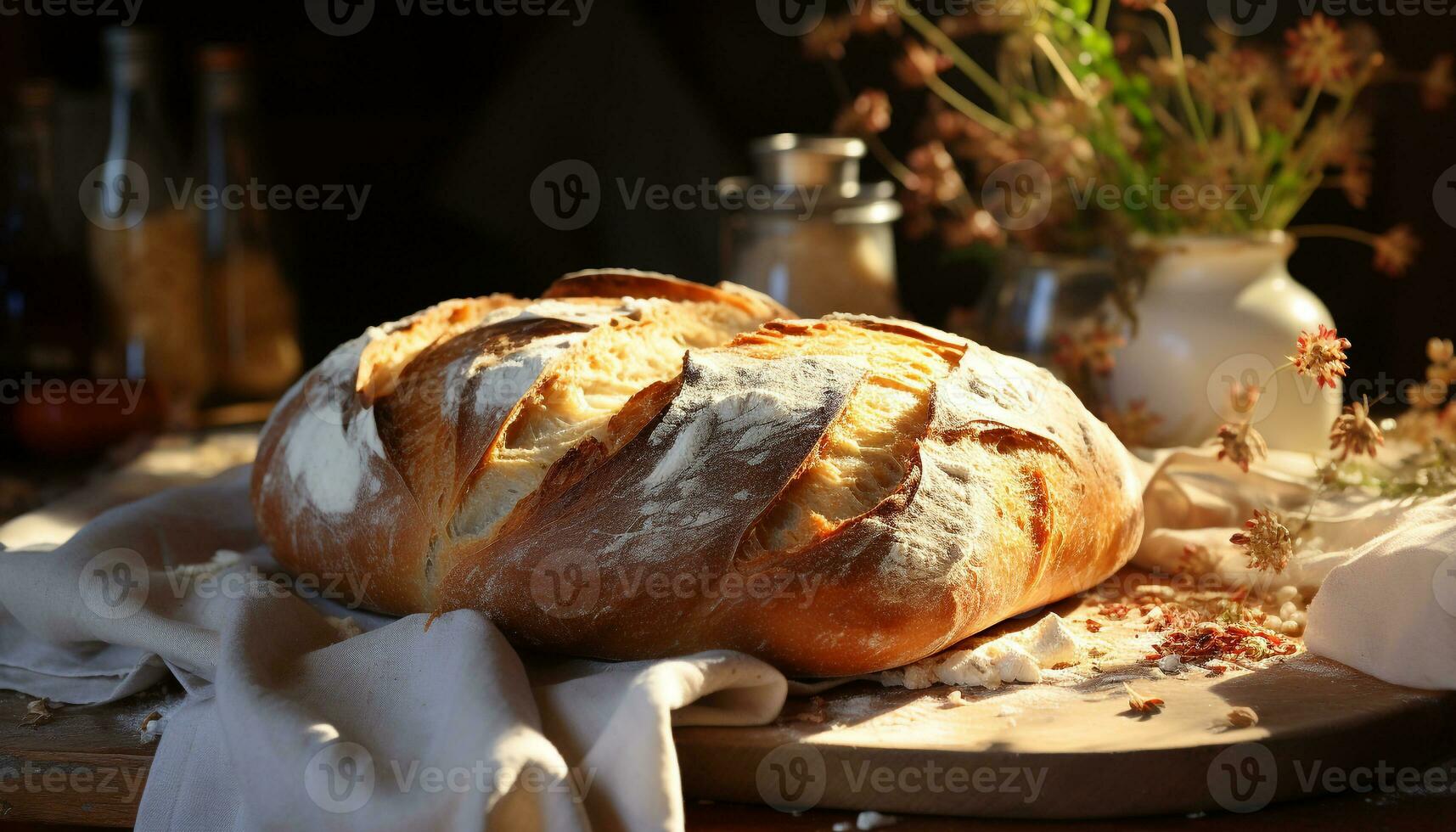 Freshly baked homemade bread on rustic wooden table, healthy and delicious generated by AI photo