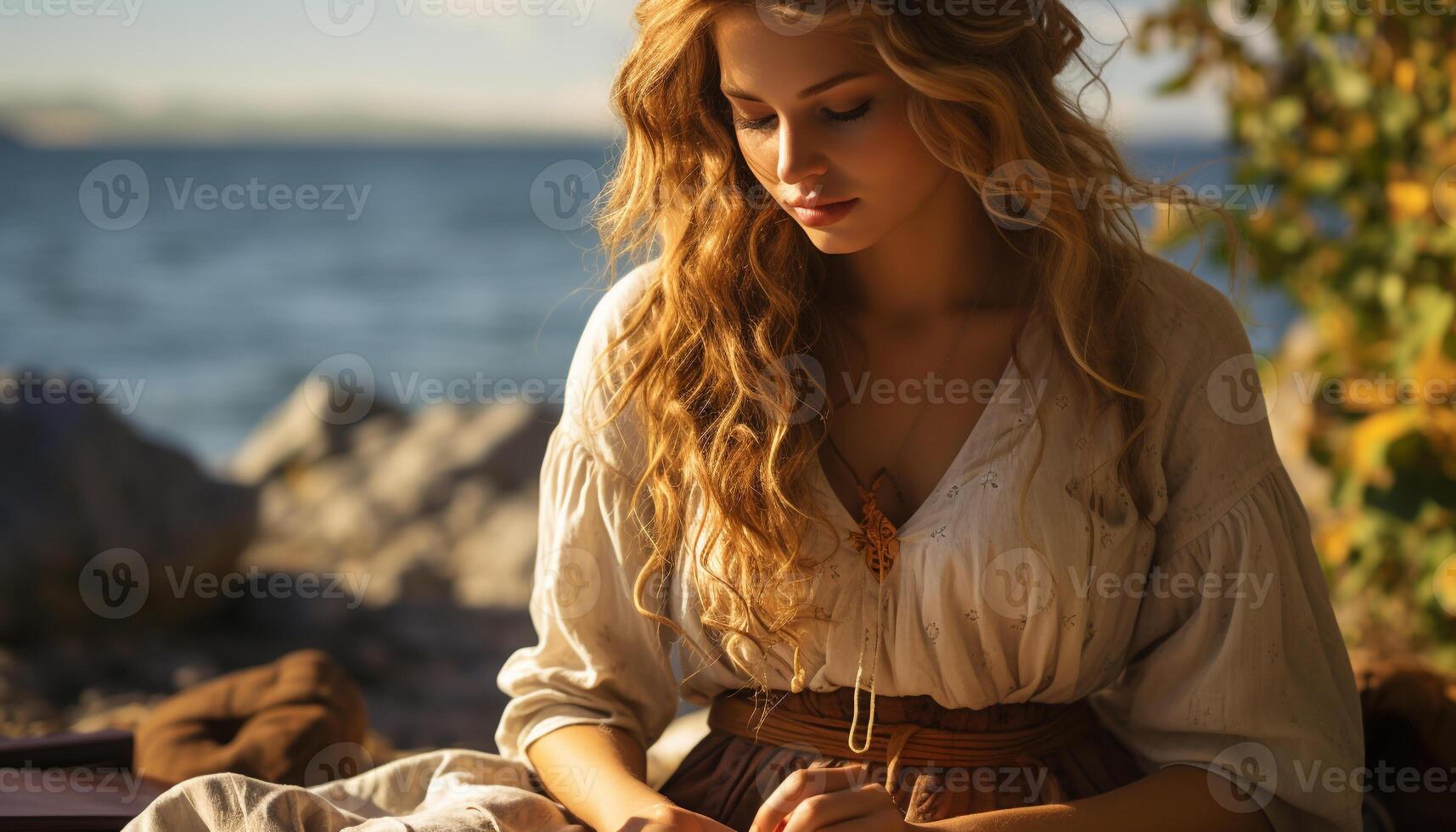 uno hermosa mujer disfrutando el atardecer, rodeado por naturaleza generado por ai foto