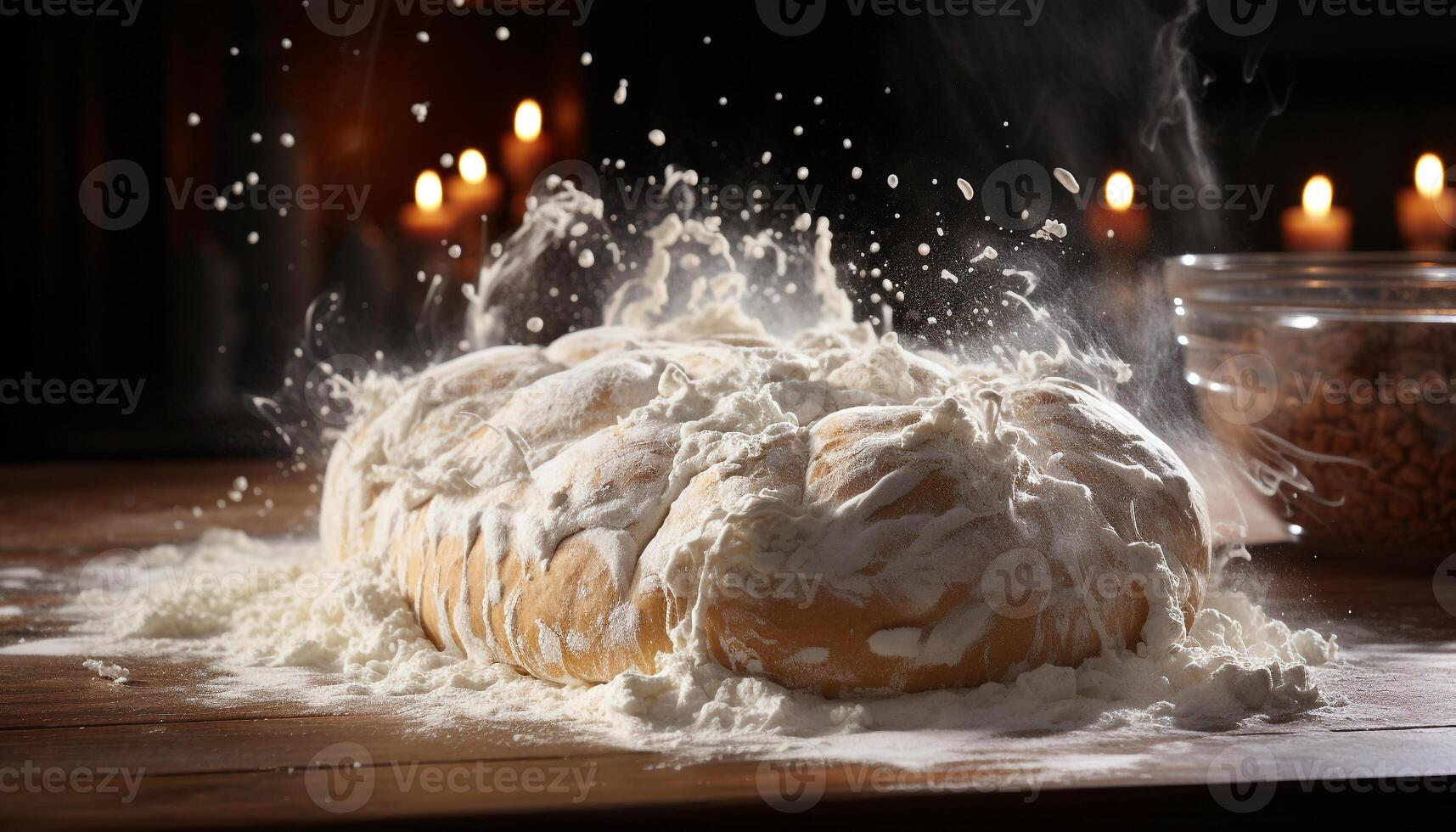 Homemade bread baking on wood table, fresh and delicious generated by AI photo