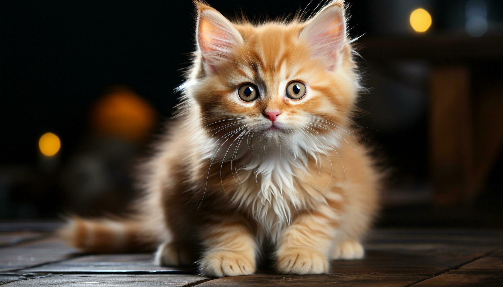 Cute kitten sitting, staring, playful, fluffy, charming, looking at camera generated by AI photo