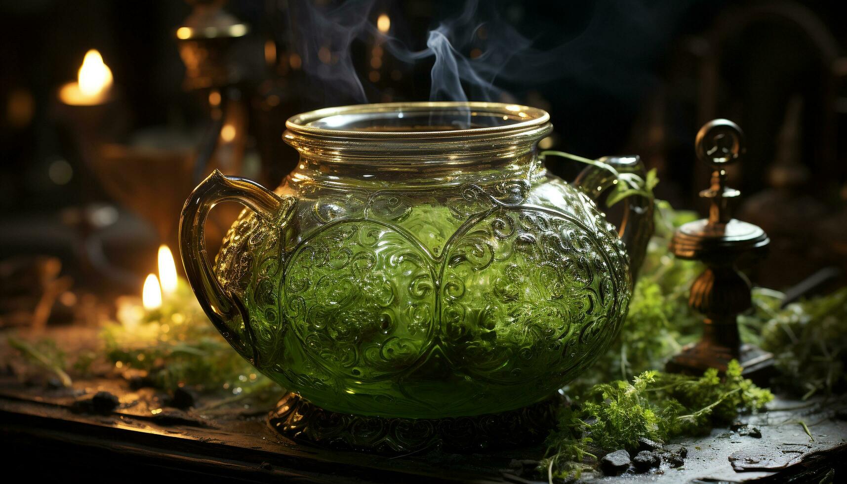 Hot tea in a glass teapot on a wooden table generated by AI photo