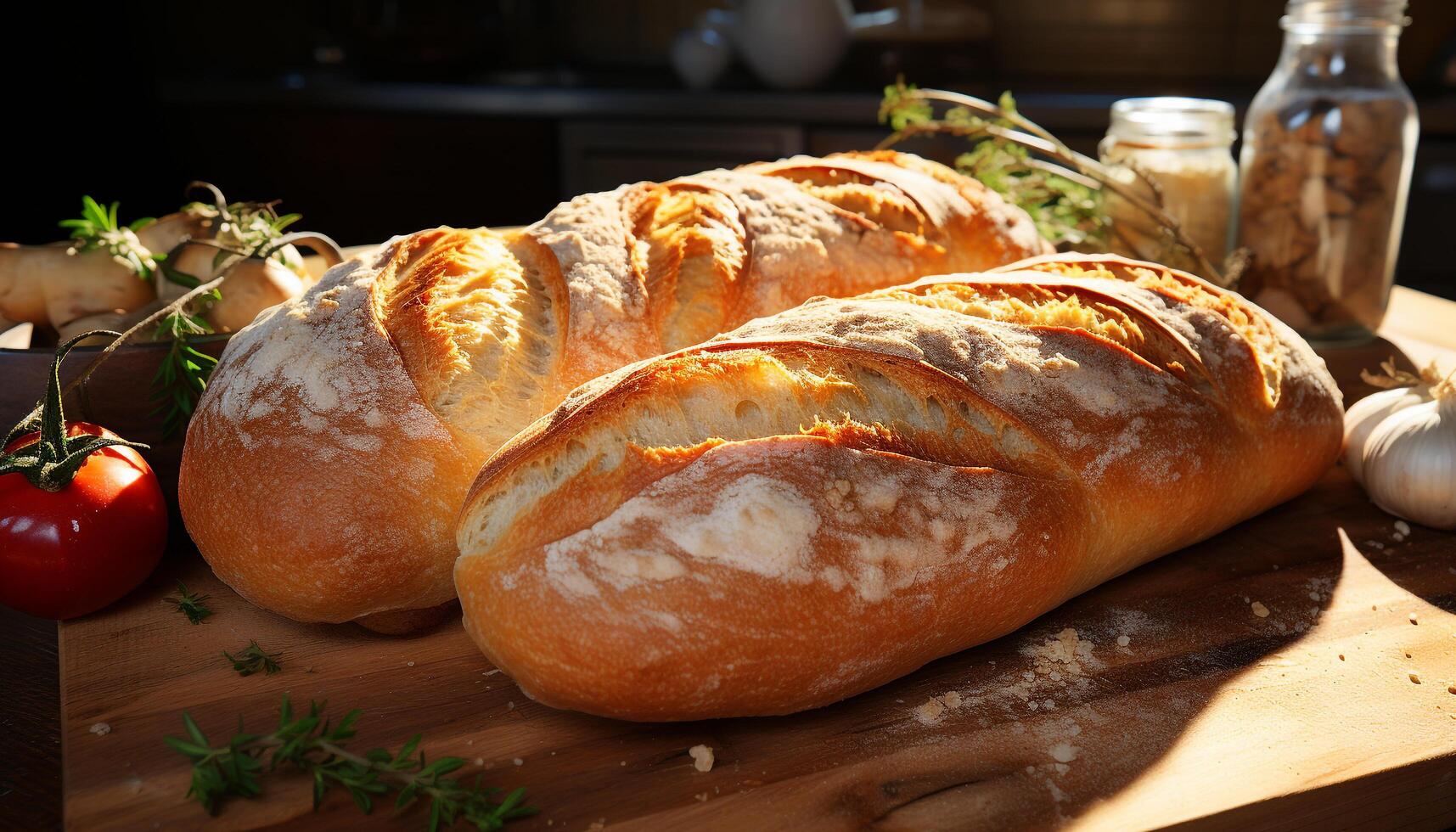 Freshly baked ciabatta and baguette on wooden table, ready to eat gourmet meal generated by AI photo