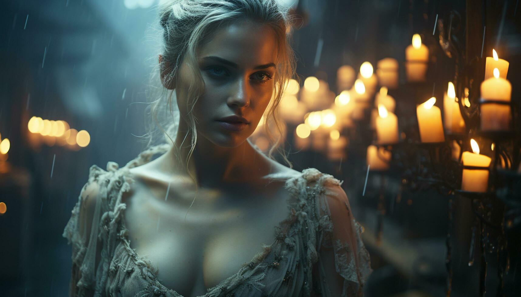 A beautiful young woman, illuminated by candlelight, looking at the camera generated by AI photo