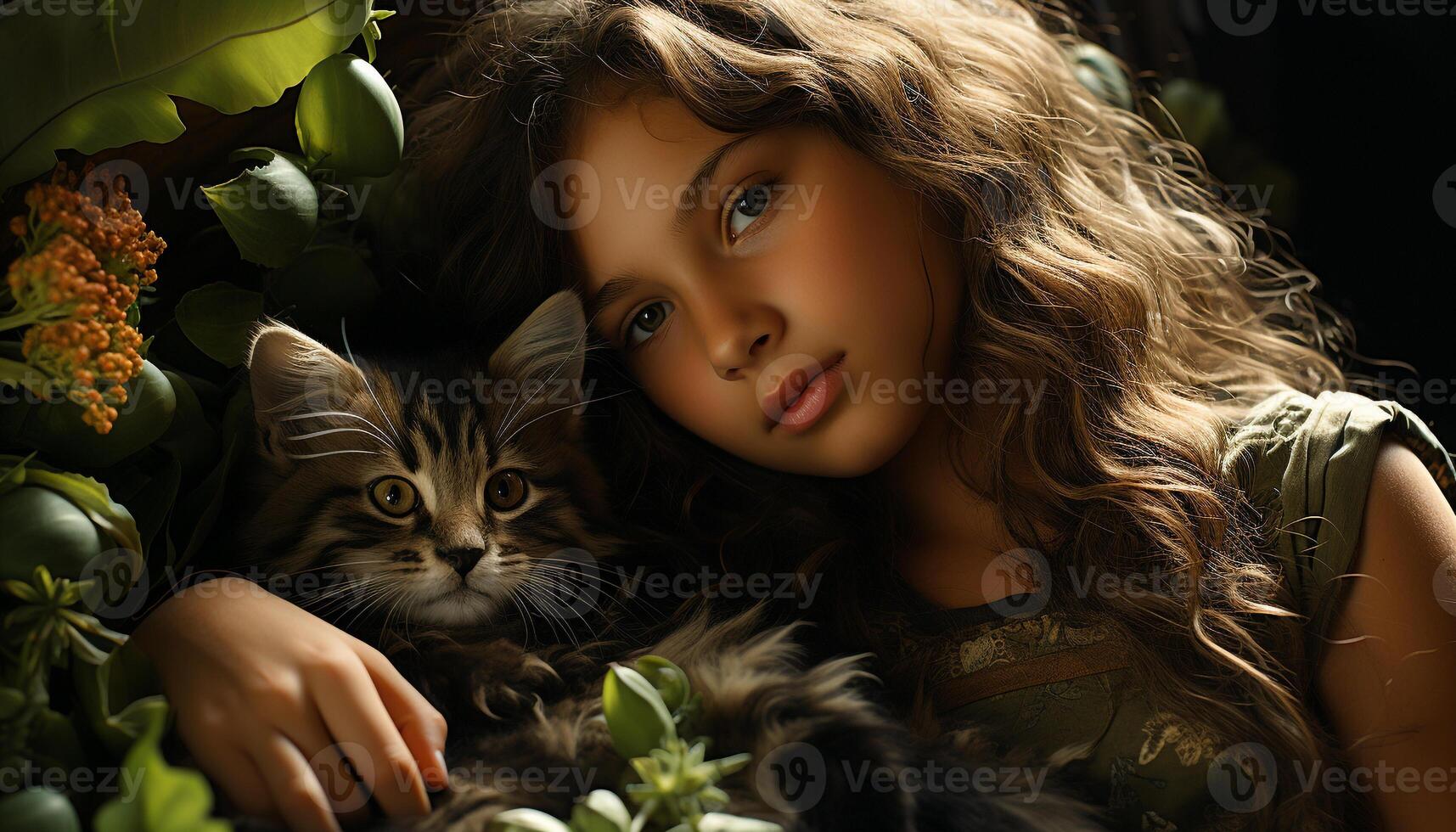 Smiling girl embraces cute kitten, happiness in nature beauty generated by AI photo