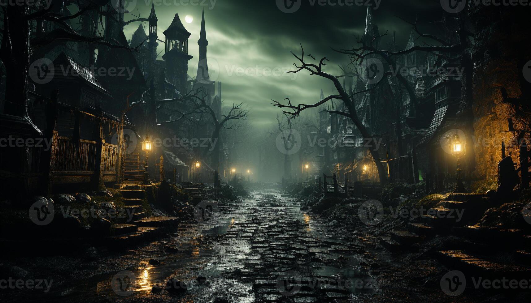 Spooky night, dark forest, old tombstone, evil ghost silhouette generated by AI photo