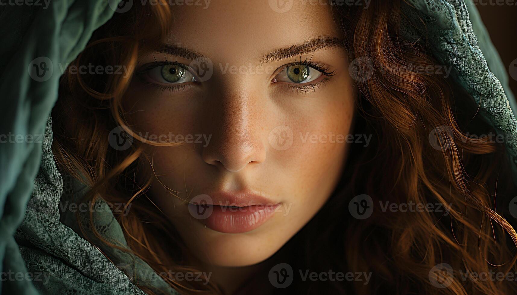 A beautiful young woman with long brown hair, looking confidently generated by AI photo