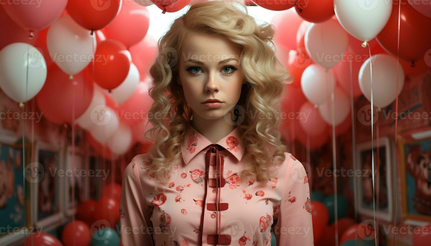 A beautiful blond woman smiling, holding a colorful balloon generated by AI photo