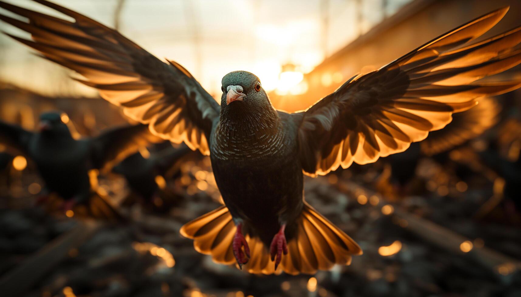 A vibrant sunset, a bird freedom, nature tranquil scene generated by AI photo