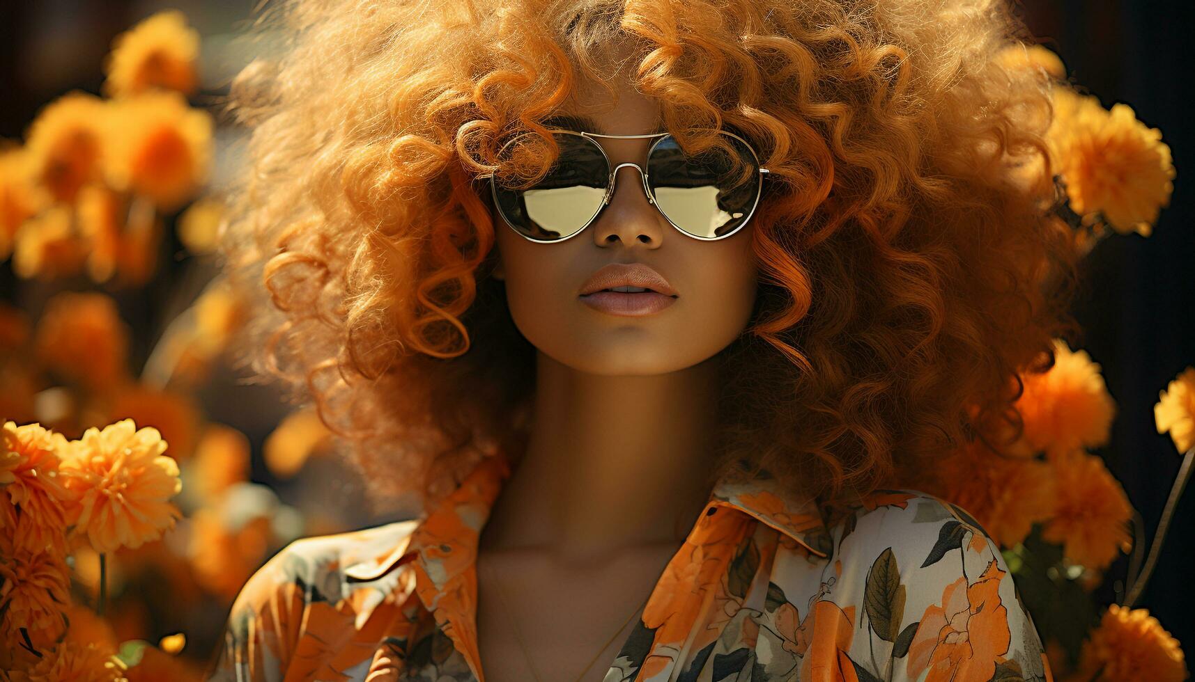 Young woman with curly hair, wearing sunglasses, smiling outdoors generated by AI photo