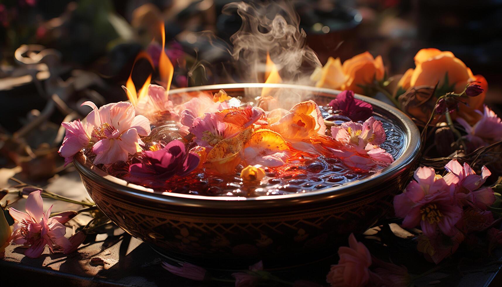 fuego quemaduras, pétalos florecer, espiritualidad en naturaleza celebracion generado por ai foto