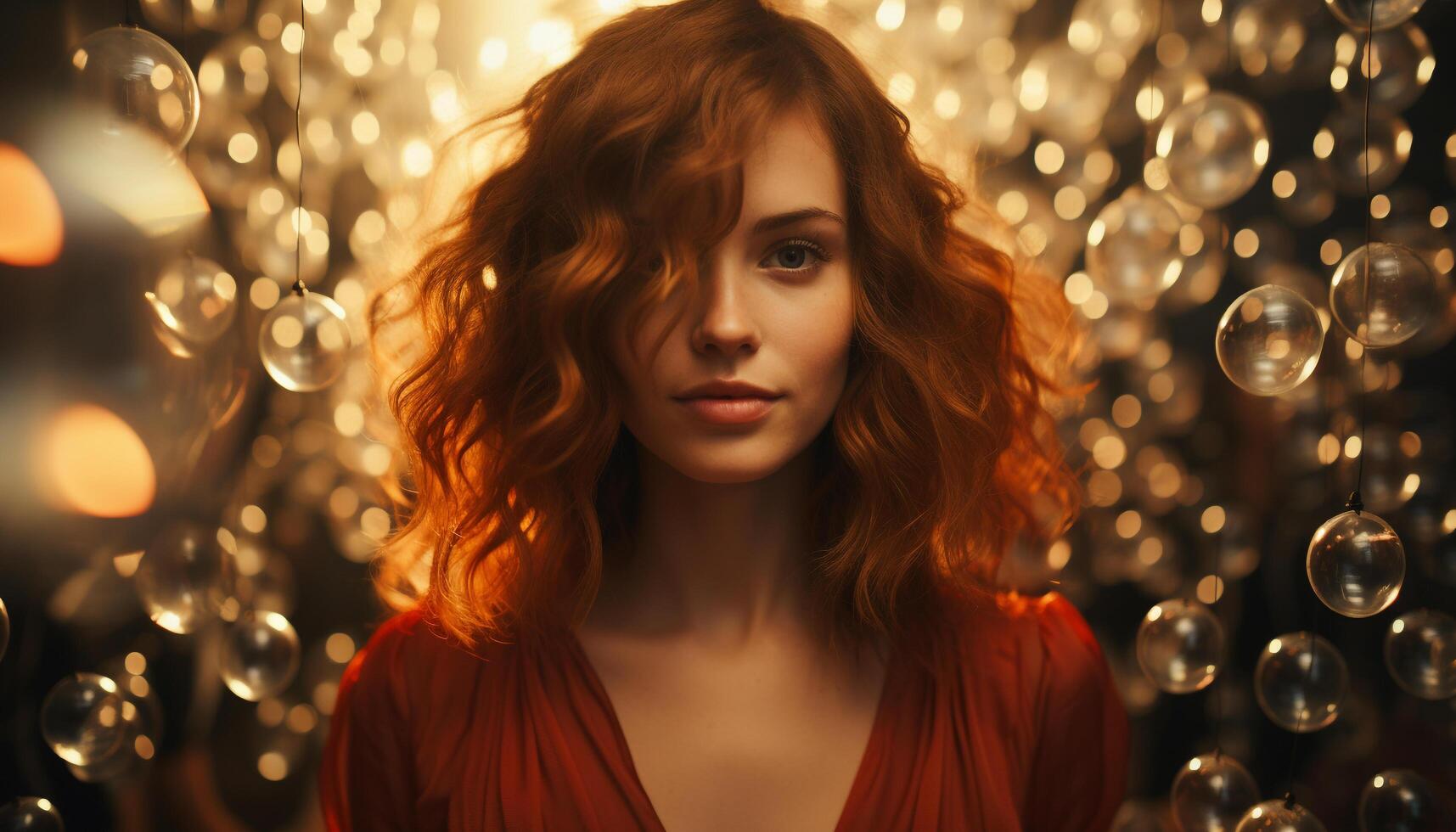 One beautiful woman, glowing with elegance, looking at camera generated by AI photo