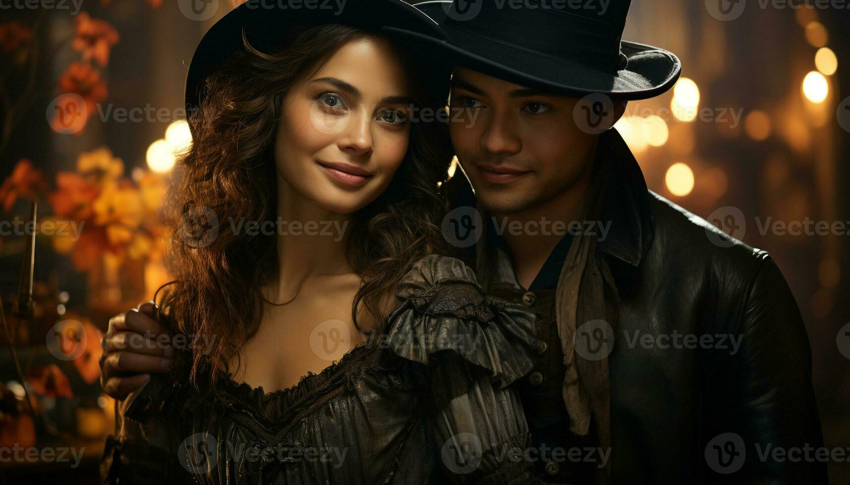 Young couple embracing, smiling, celebrating love at a Halloween party generated by AI photo