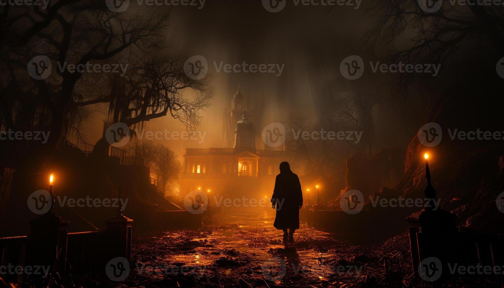 Silhouette of one person walking in the foggy night generated by AI photo