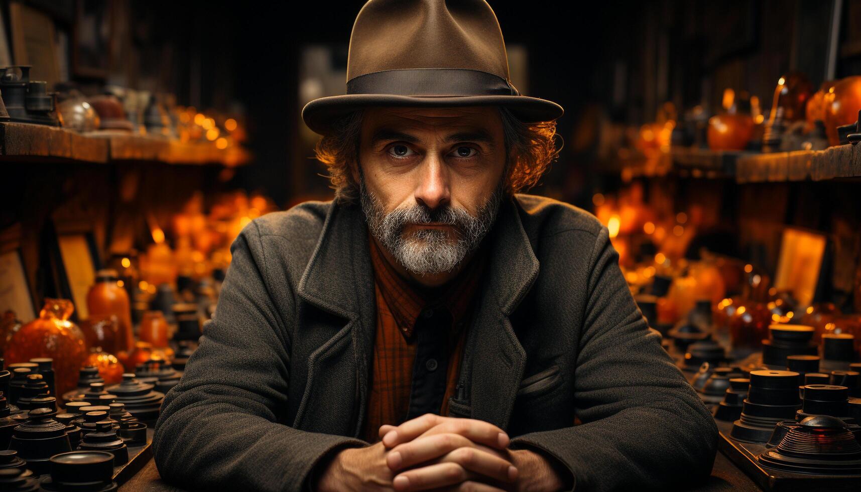 A serious old man sitting, looking at camera, holding candle generated by AI photo