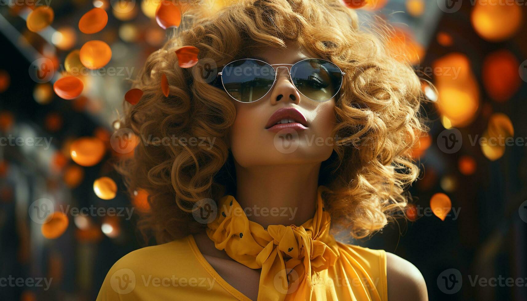 Young woman with curly blond hair looking at camera outdoors generated by AI photo