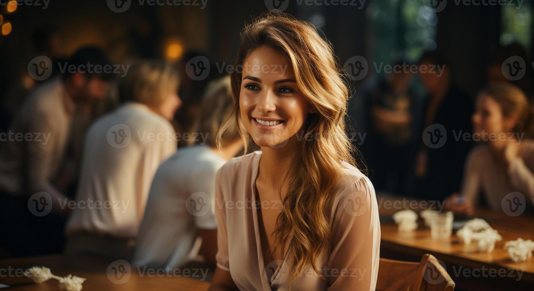 Smiling young women sitting at table, looking at camera generated by AI photo