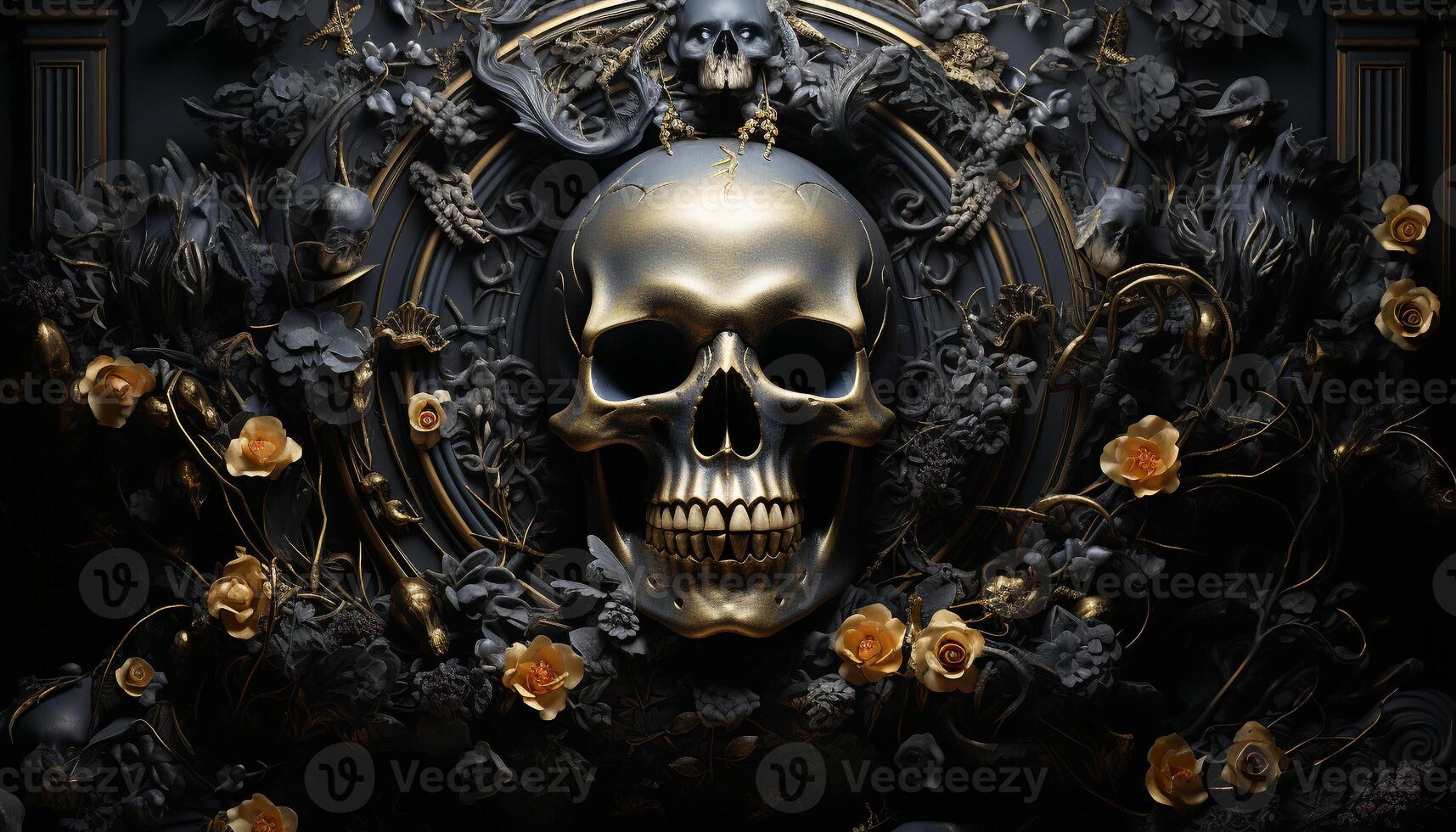 Spooky Halloween decoration old skull, dark backdrop, evil ghost generated by AI photo