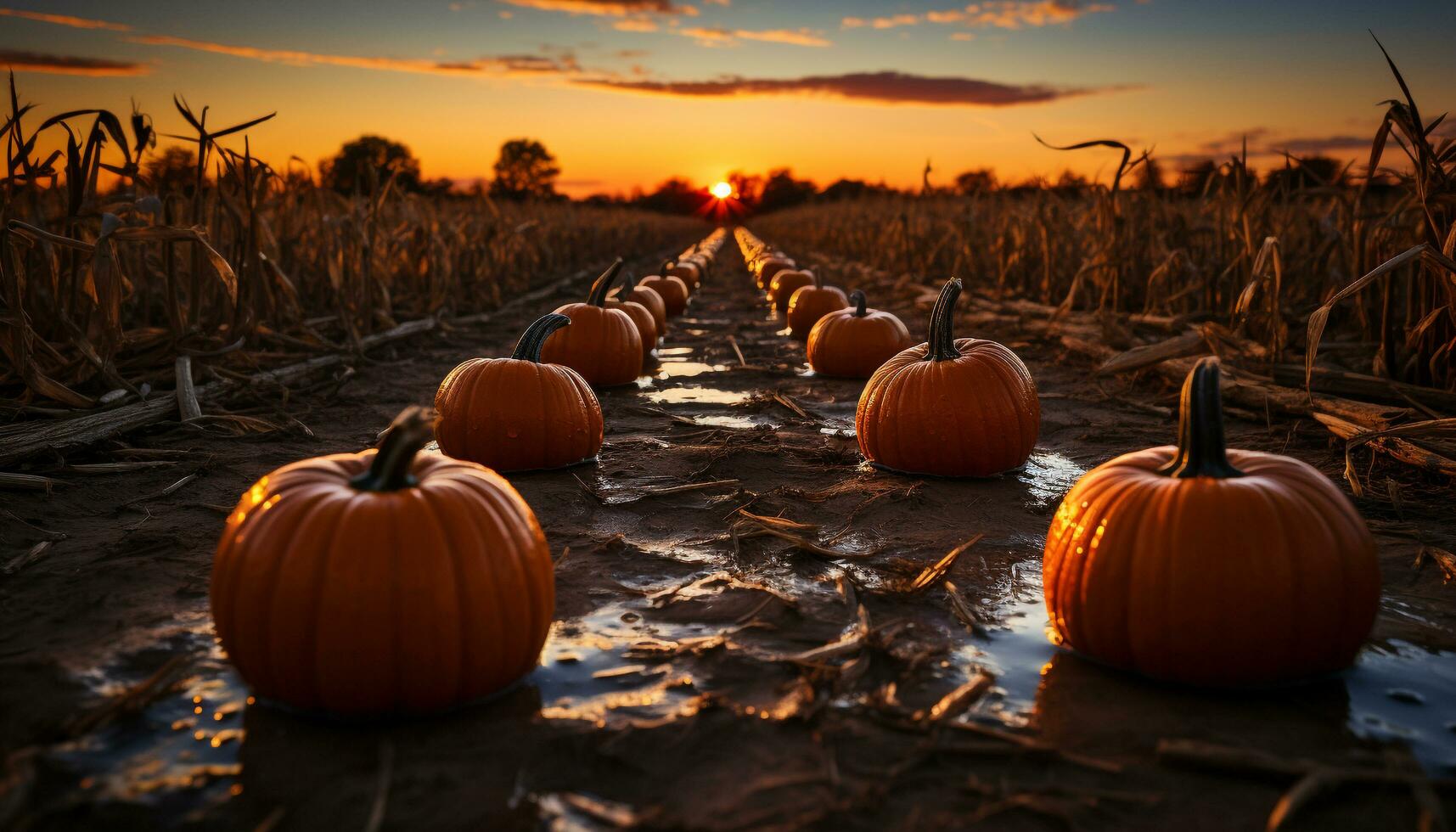 Spooky pumpkin lantern glows in dark autumn night generated by AI photo