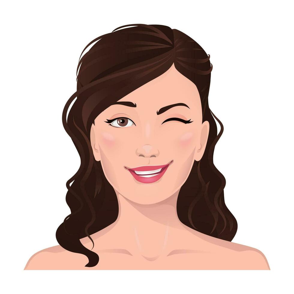 cara retrato de mujer con marrón cabello. facial expresión con sonriente gesto aislado vector ilustración. avatar para un social red. vector plano ilustración, web, diseño, belleza y hacer arriba.