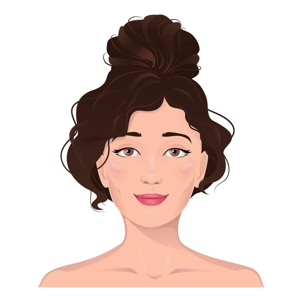 Face portrait of women with brown hair. Facial expression with smiling gesture isolated vector illustration. Avatar for a social network. Vector flat illustration, web, design, beauty and make up.