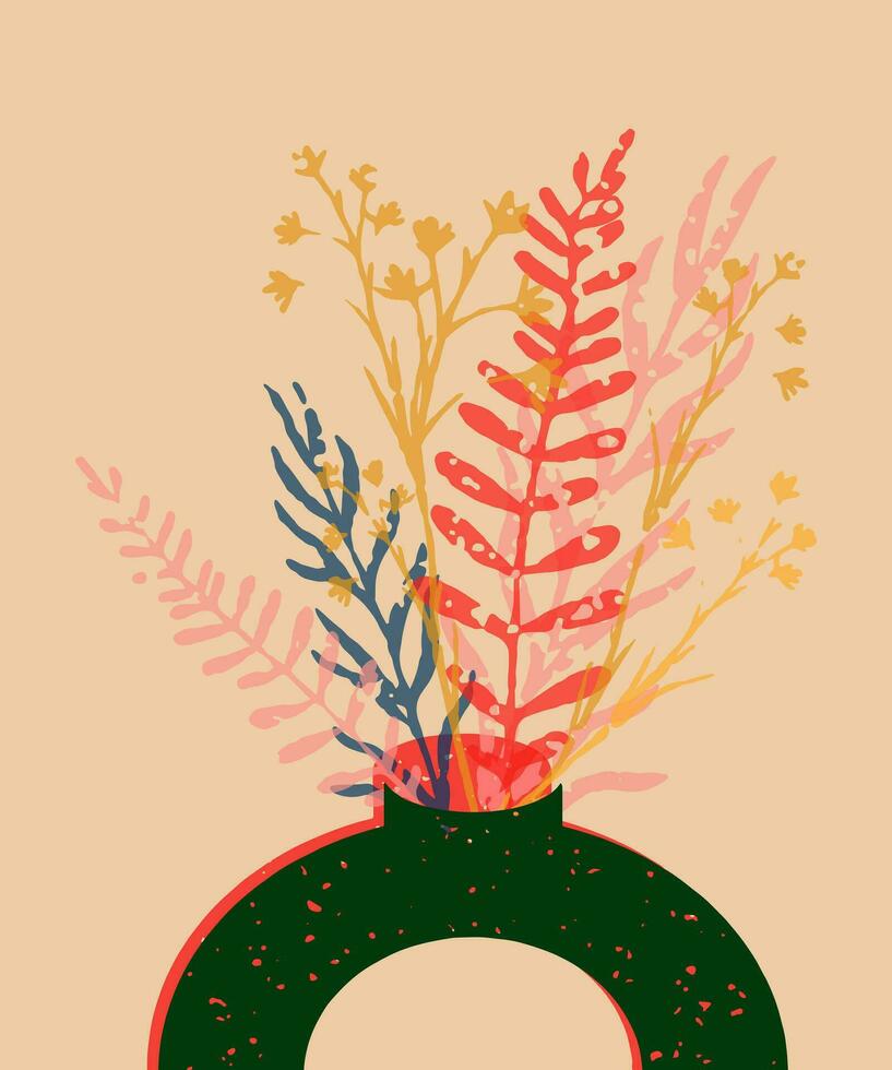 Braches with flowers in a vase. Colorful screen printing riso effect. Riso print design. Vector illustration. Graphic element for fabric, textile, clothing, wrapping paper, wallpaper, poster and web.