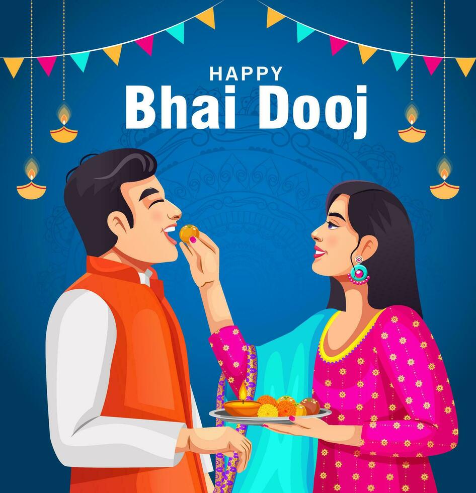 Vector design of Indian brother and sister celebrating Happy Bhai Dooj on colorful art style background template