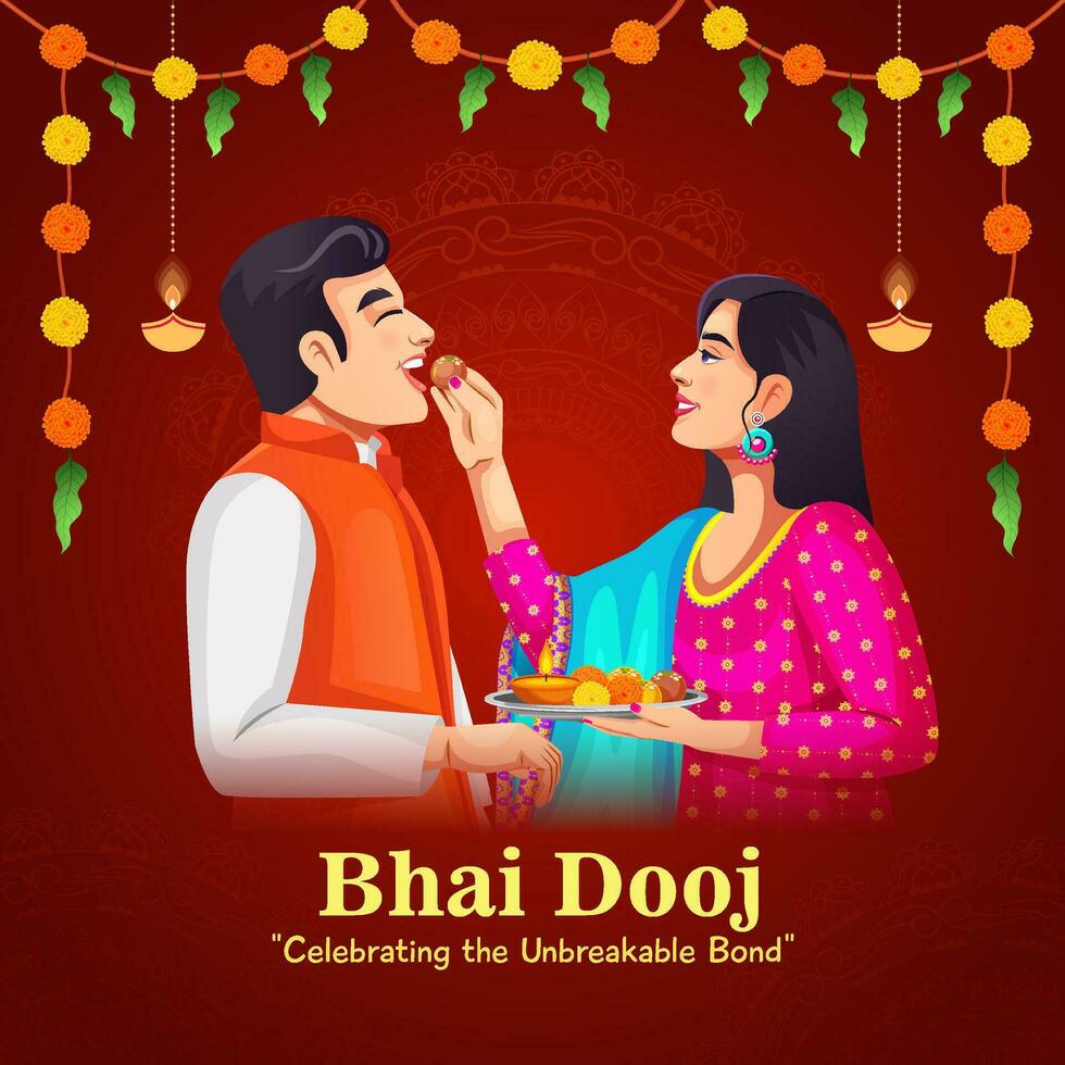 jHappy Bhai Dooj Indian Festival Celebration. Sister Pray for Brother Protection. Greeting card and template banner for sales promotion advertisement vector