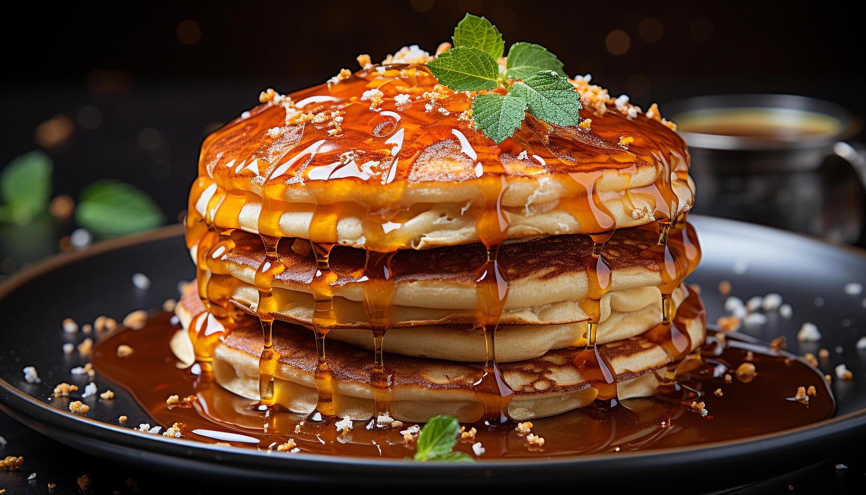 A stack of homemade pancakes with syrup and fruit generated by AI photo