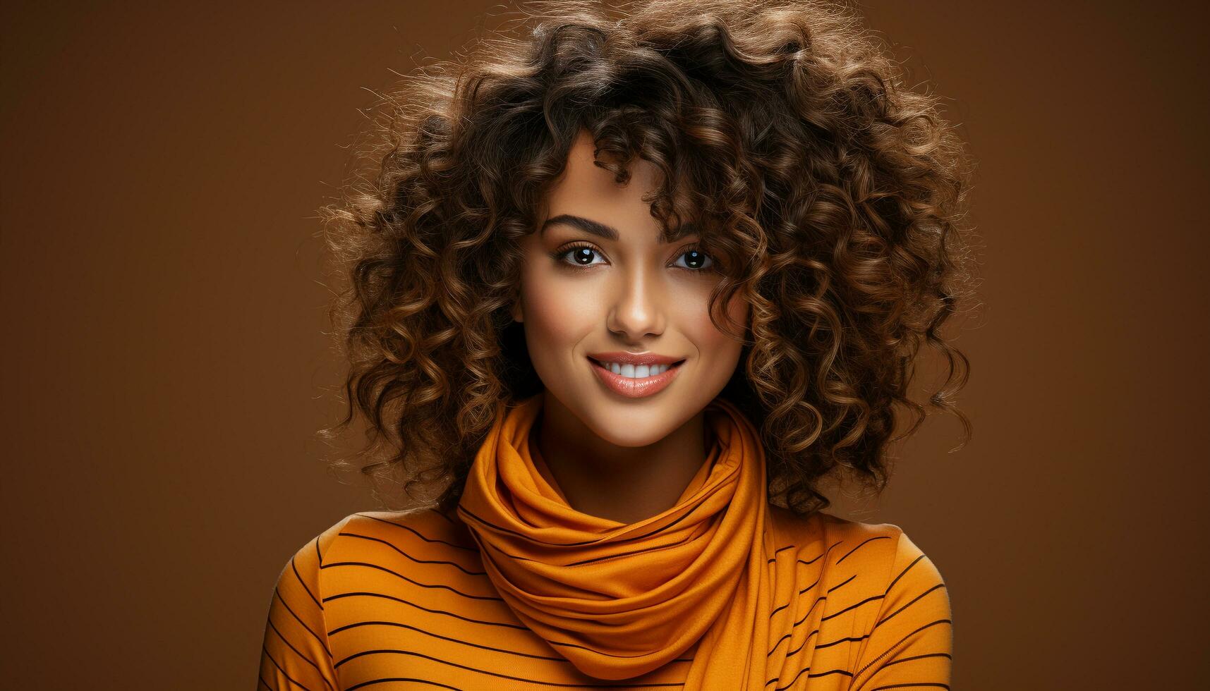 One beautiful woman with curly hair smiling at camera generated by AI photo