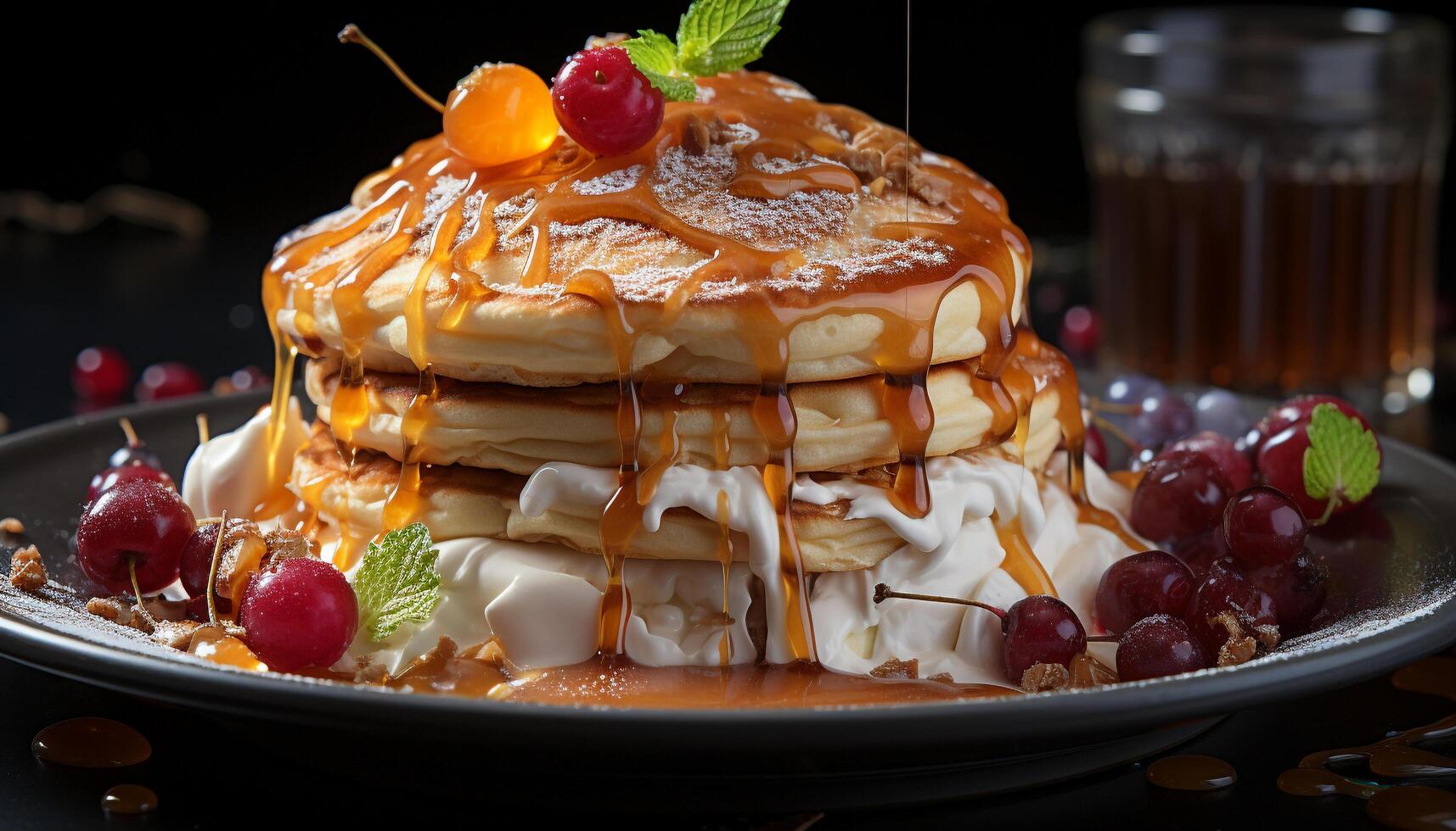 A homemade gourmet pancake stack with fresh berry sauce generated by AI photo