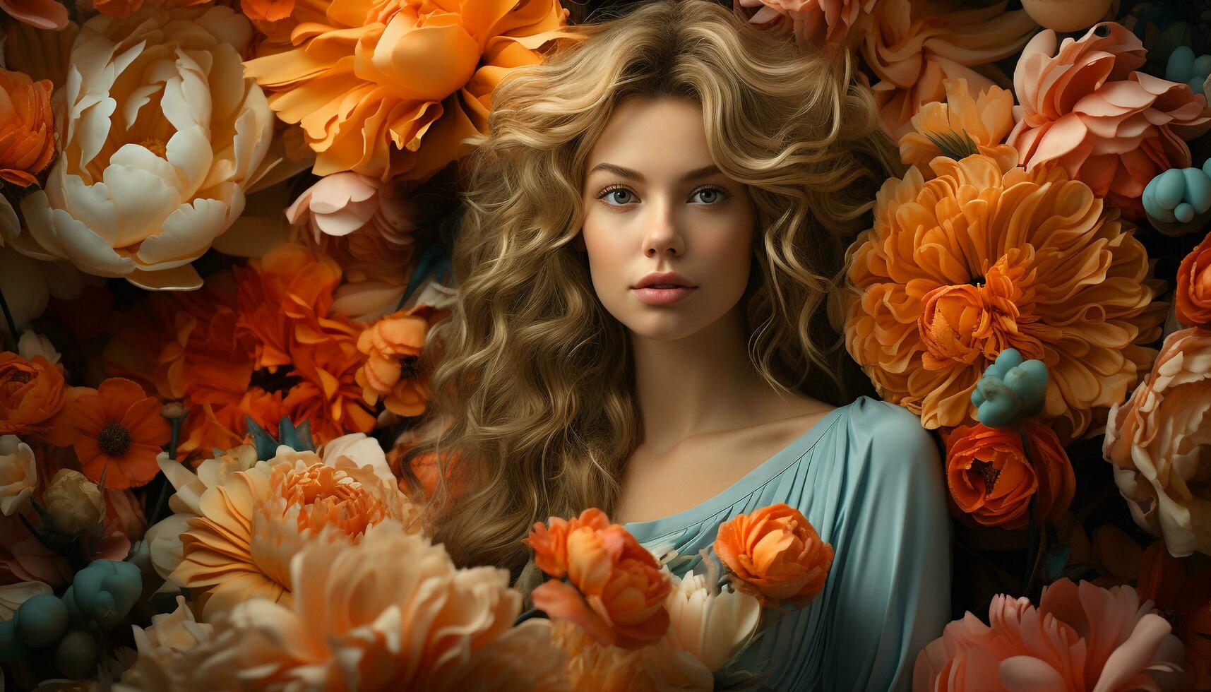 A beautiful blond woman, smiling, surrounded by colorful flowers generated by AI photo