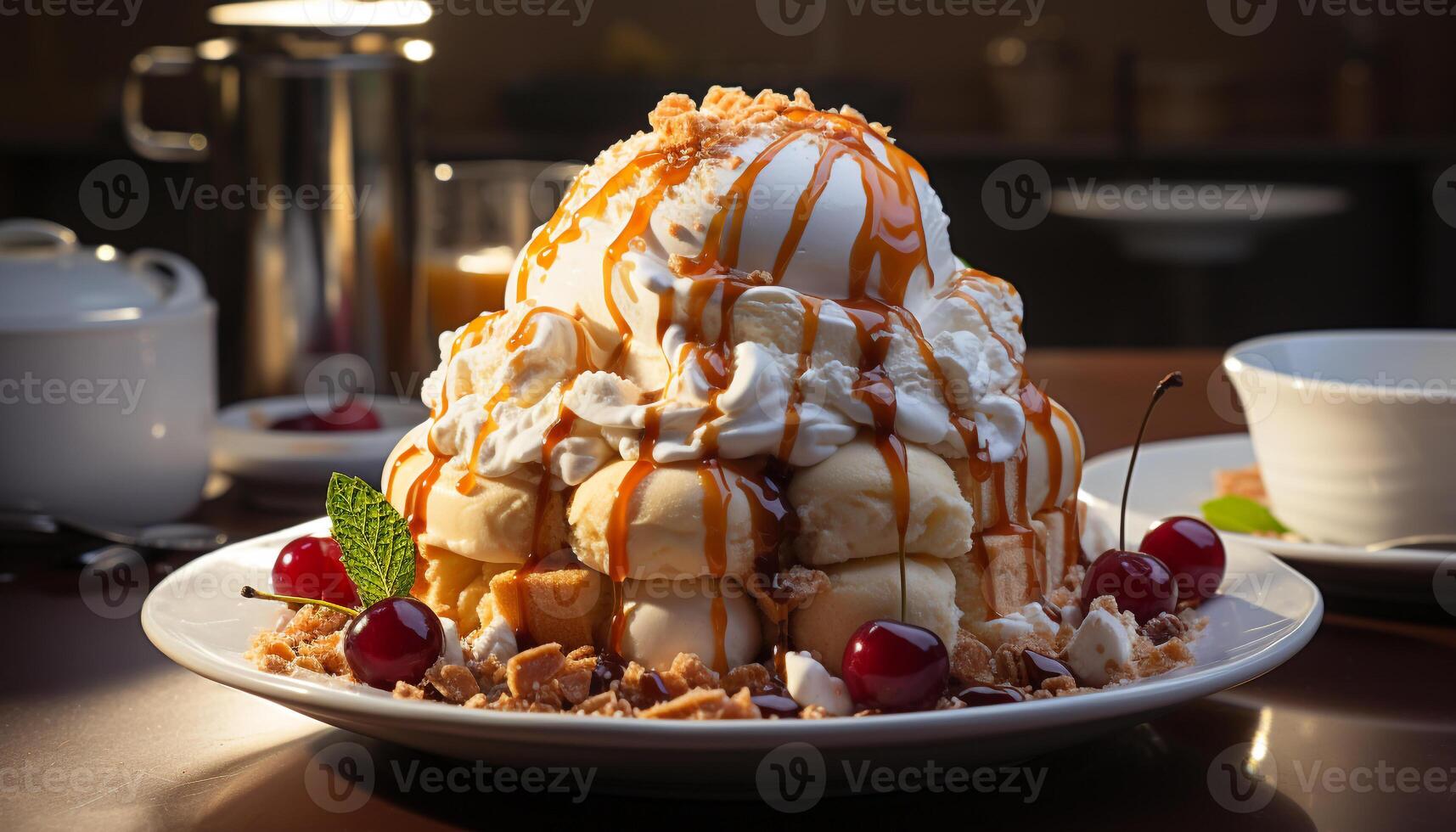 Fresh fruit dessert on wooden plate with whipped cream topping generated by AI photo