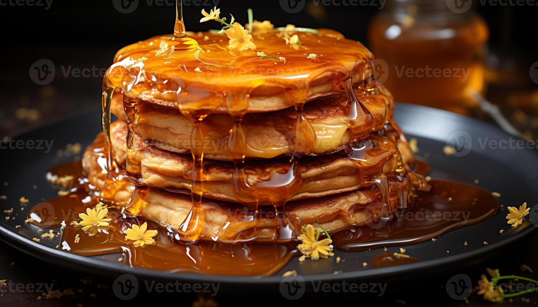Freshly cooked pancakes with honey syrup and fruit toppings generated by AI photo