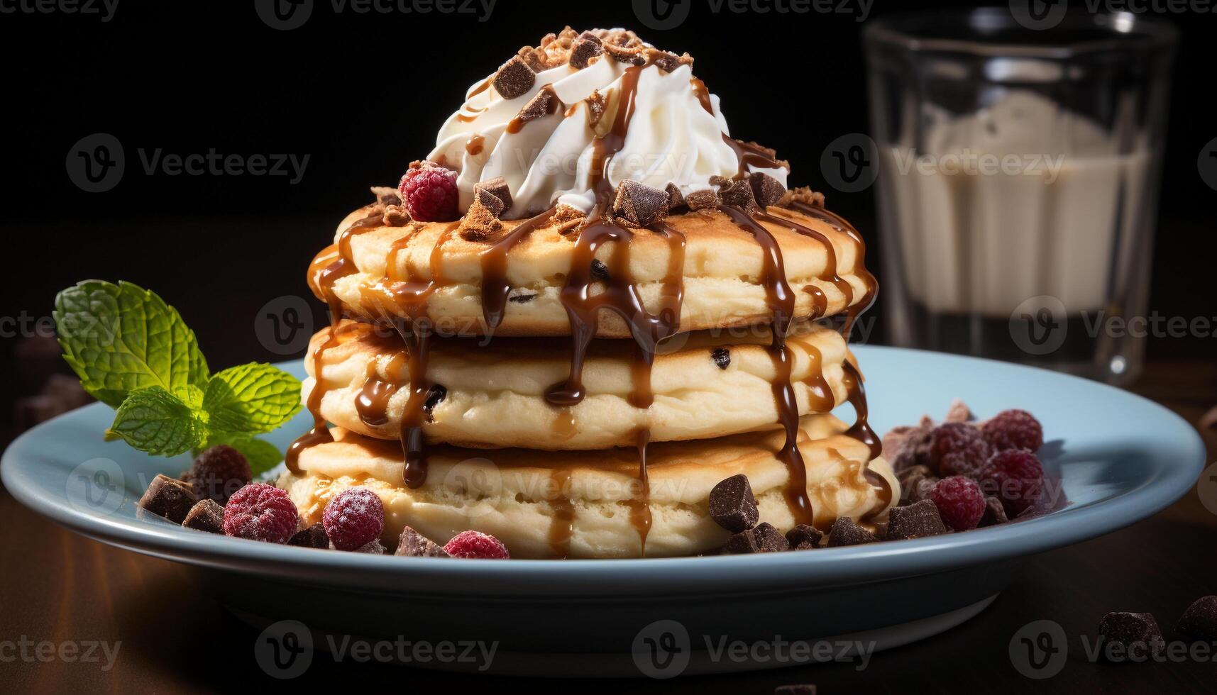 A stack of homemade pancakes with fresh berries and syrup generated by AI photo