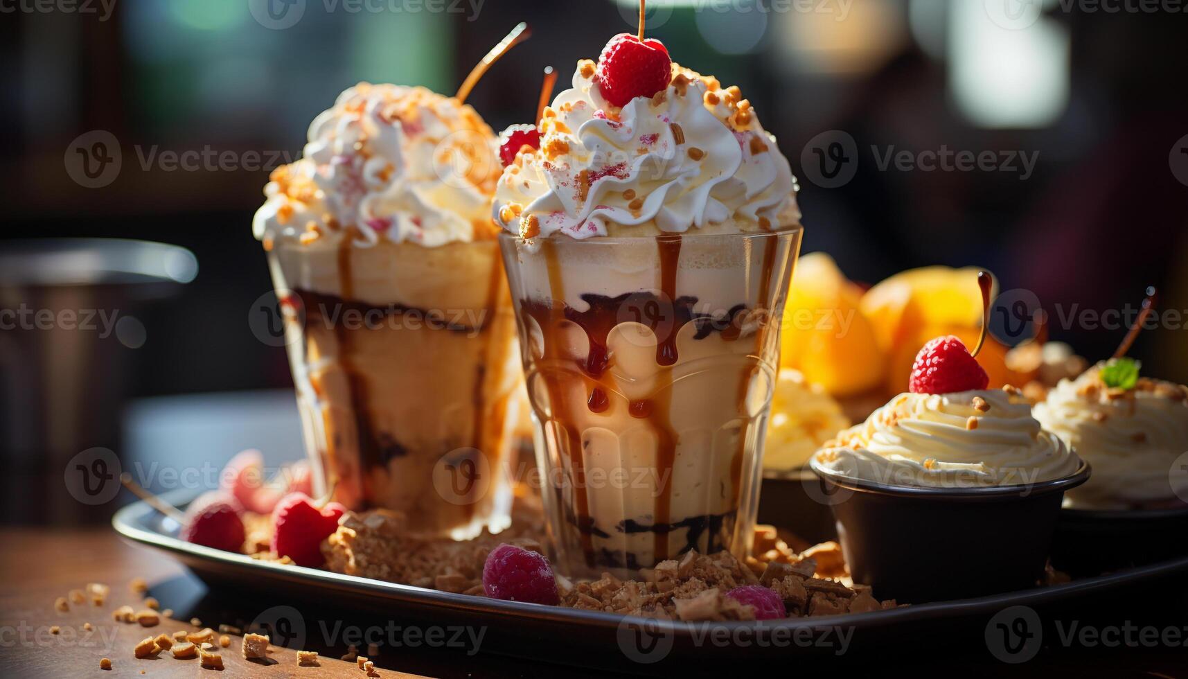 A refreshing ice cream sundae with whipped cream and fruit generated by AI photo