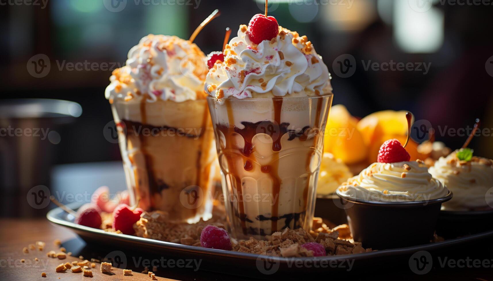 un refrescante hielo crema helado con frutas y nueces con azotado crema y Fruta generado por ai foto