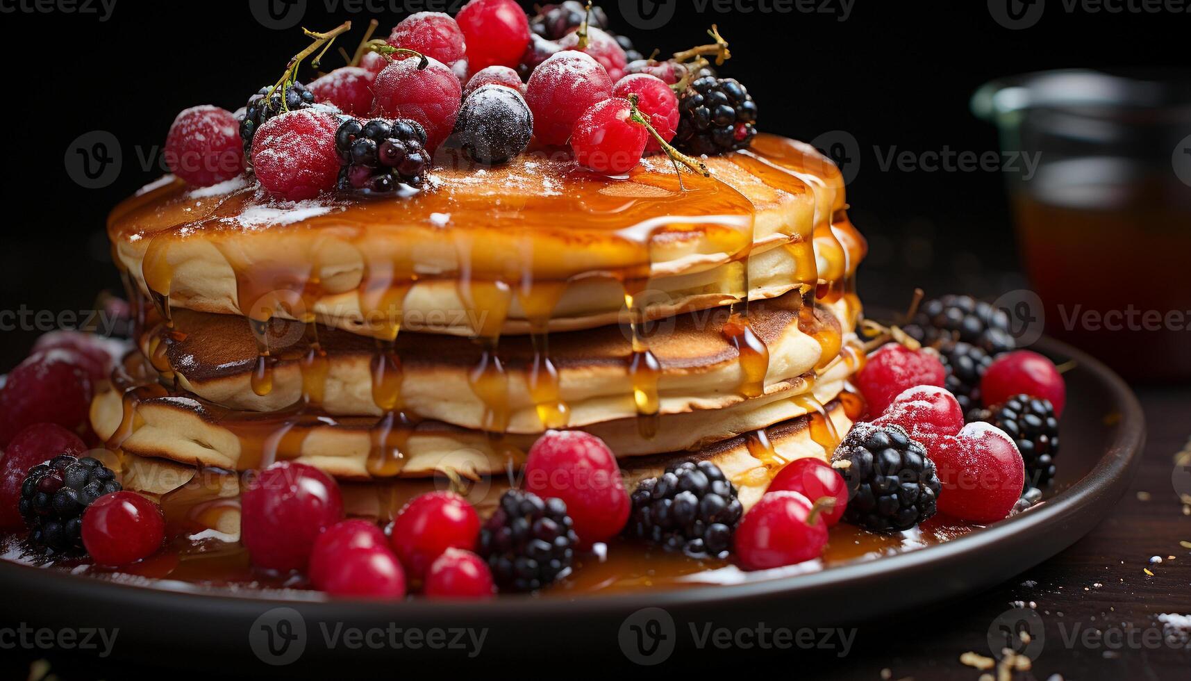 A stack of homemade pancakes with fresh berries and syrup generated by AI photo