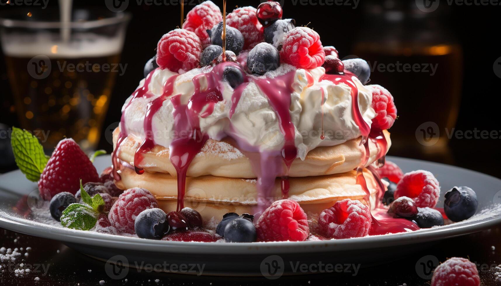 Freshness and sweetness on a homemade berry pancake stack generated by AI photo