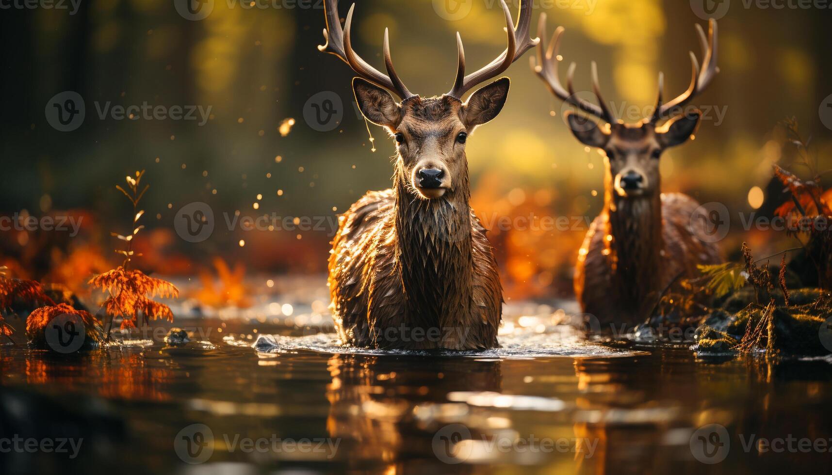 A cute deer looking at camera in a snowy forest generated by AI photo