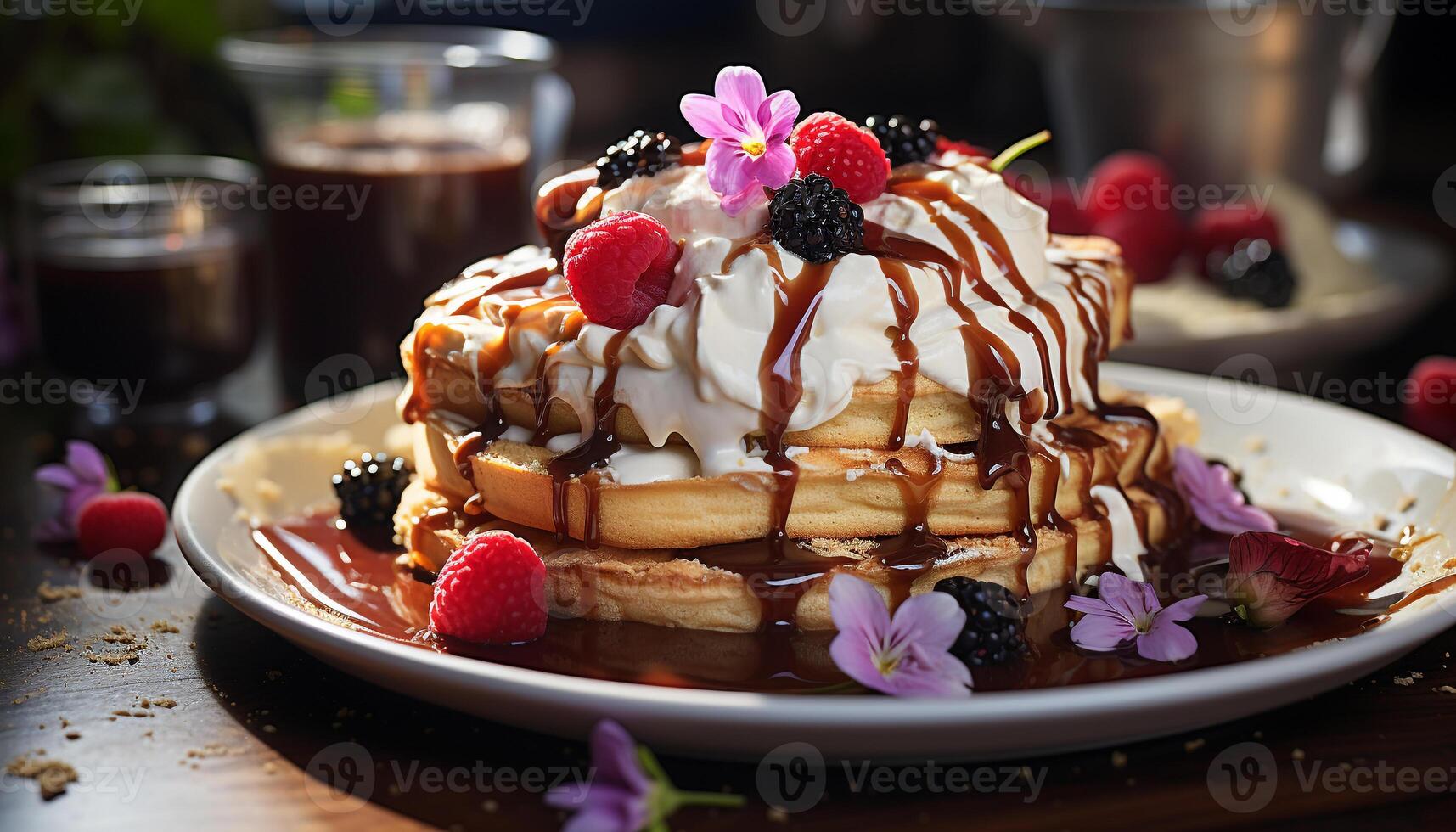 A homemade gourmet pancake stack with fresh berries and chocolate generated by AI photo