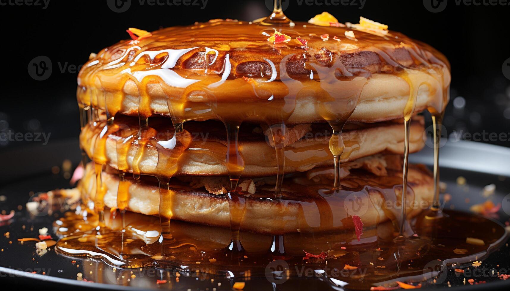 Freshly cooked pancake stack with chocolate syrup and strawberry decoration generated by AI photo