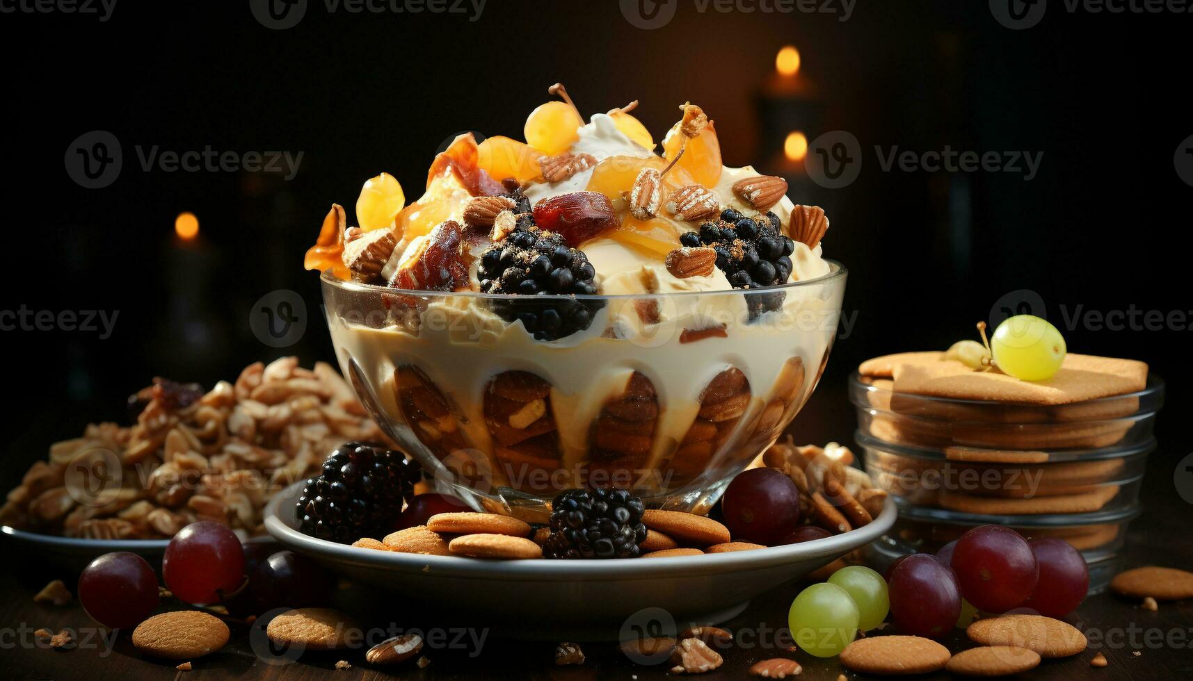 Healthy eating fresh fruit, yogurt, granola, almond, and honey parfait generated by AI photo