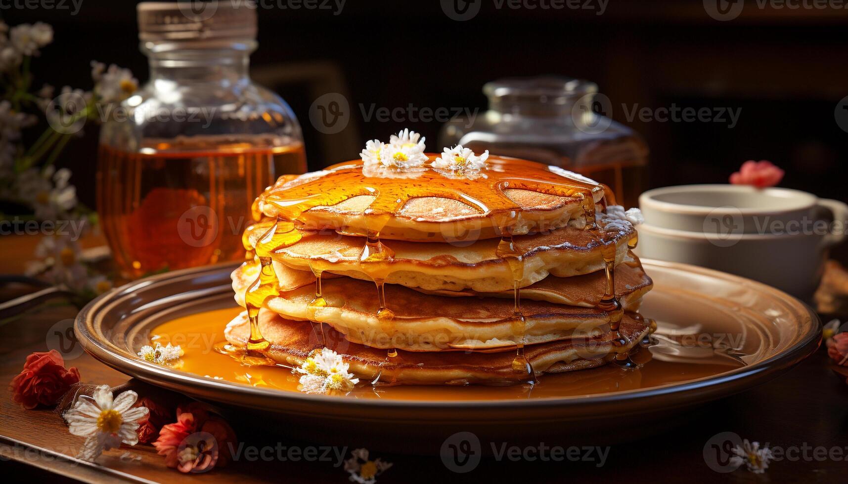 Freshly cooked pancakes stacked on a wooden plate, drizzled with honey generated by AI photo