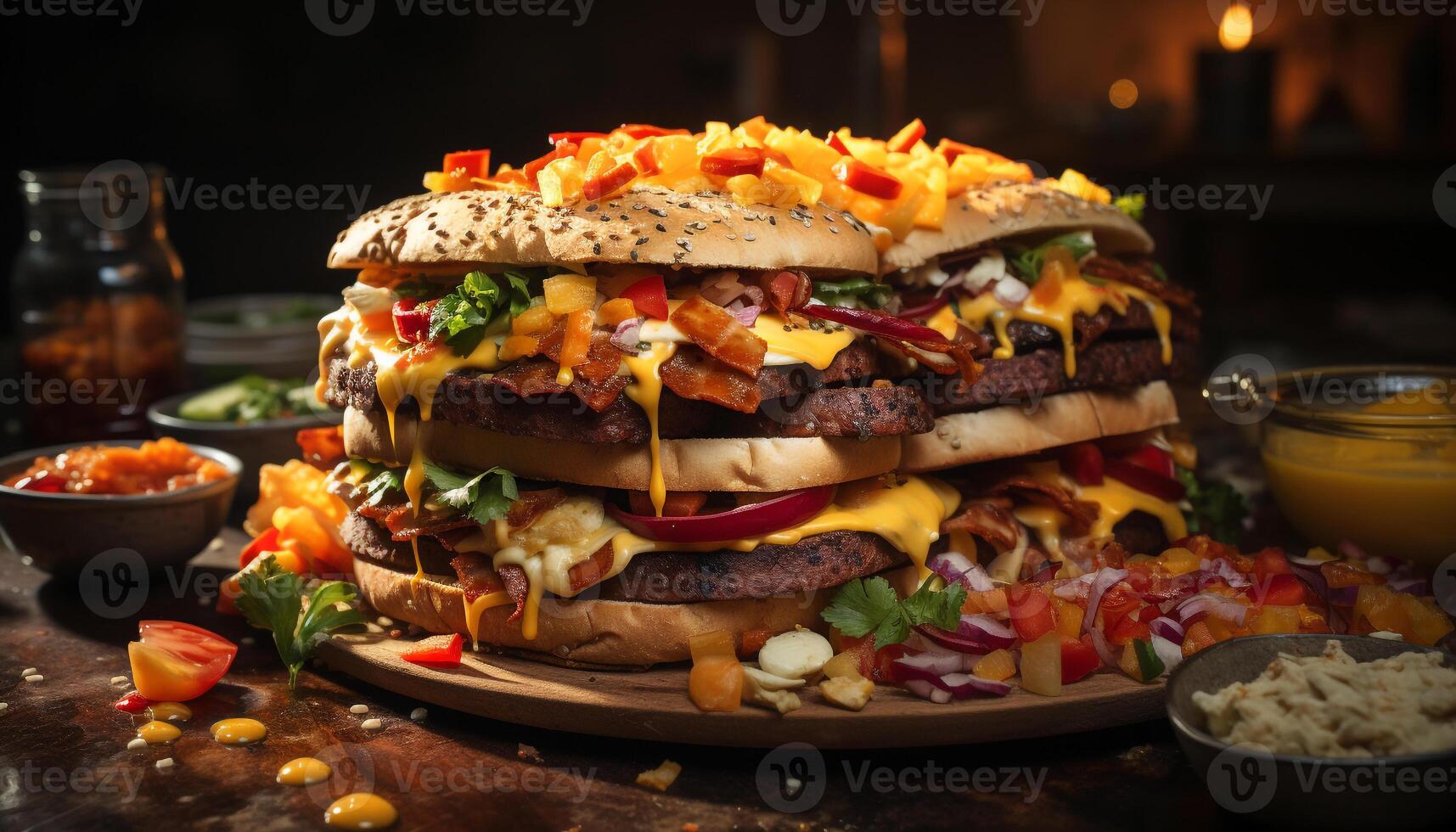 Grilled beef burger with fresh tomato, onion, and gourmet cheese generated by AI photo
