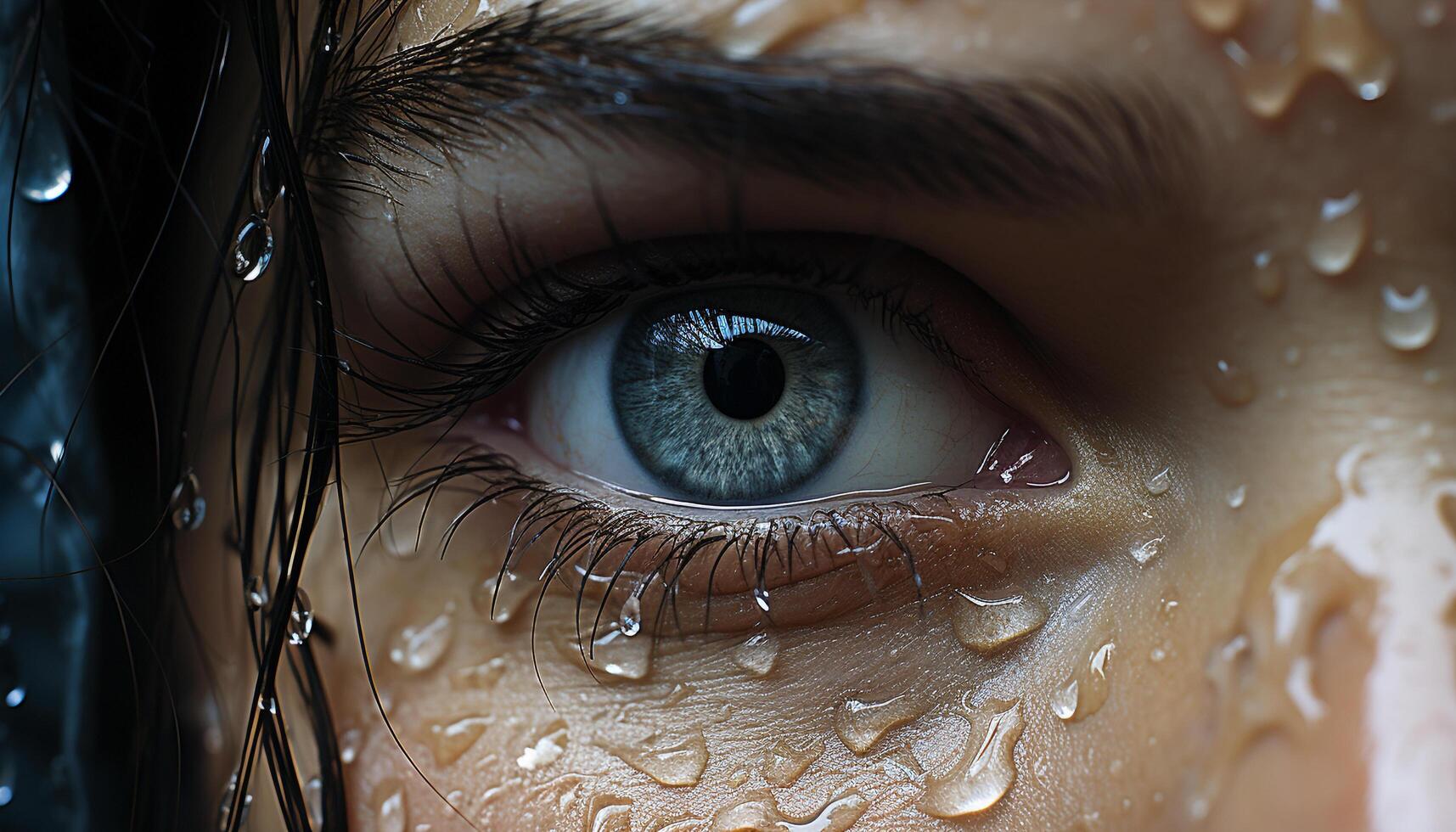 Close up of a young woman wet eye, looking at camera generated by AI photo