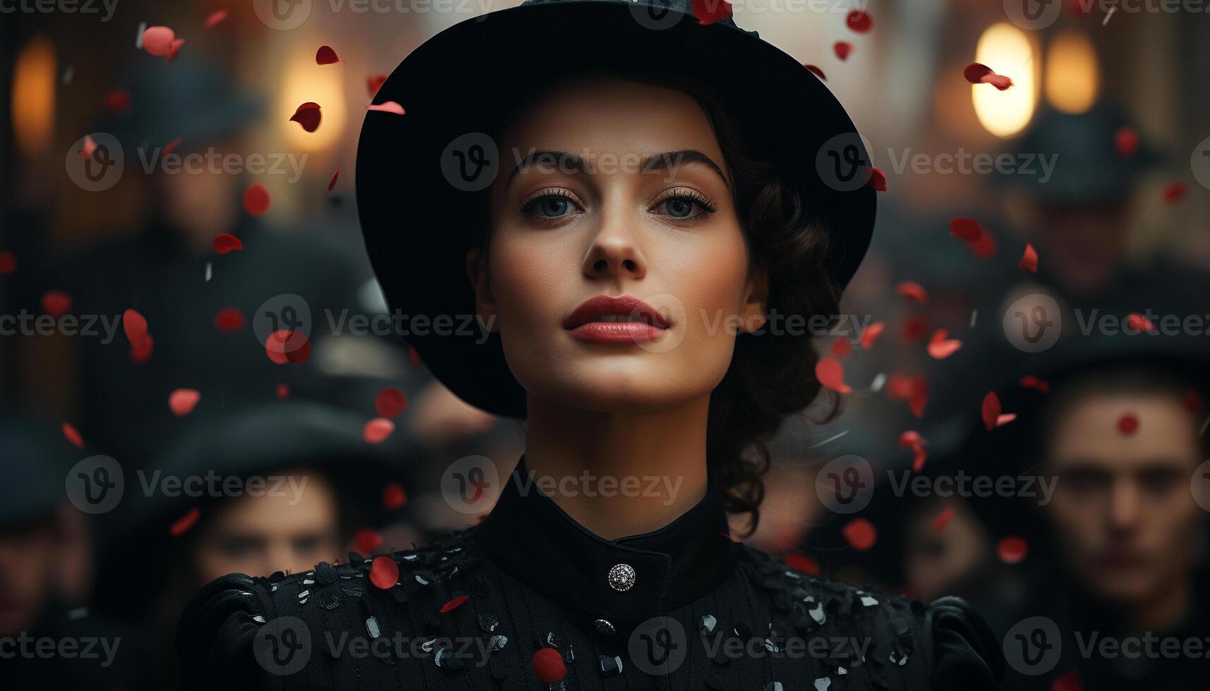 A beautiful young woman celebrates winter night with elegance and glamour generated by AI photo