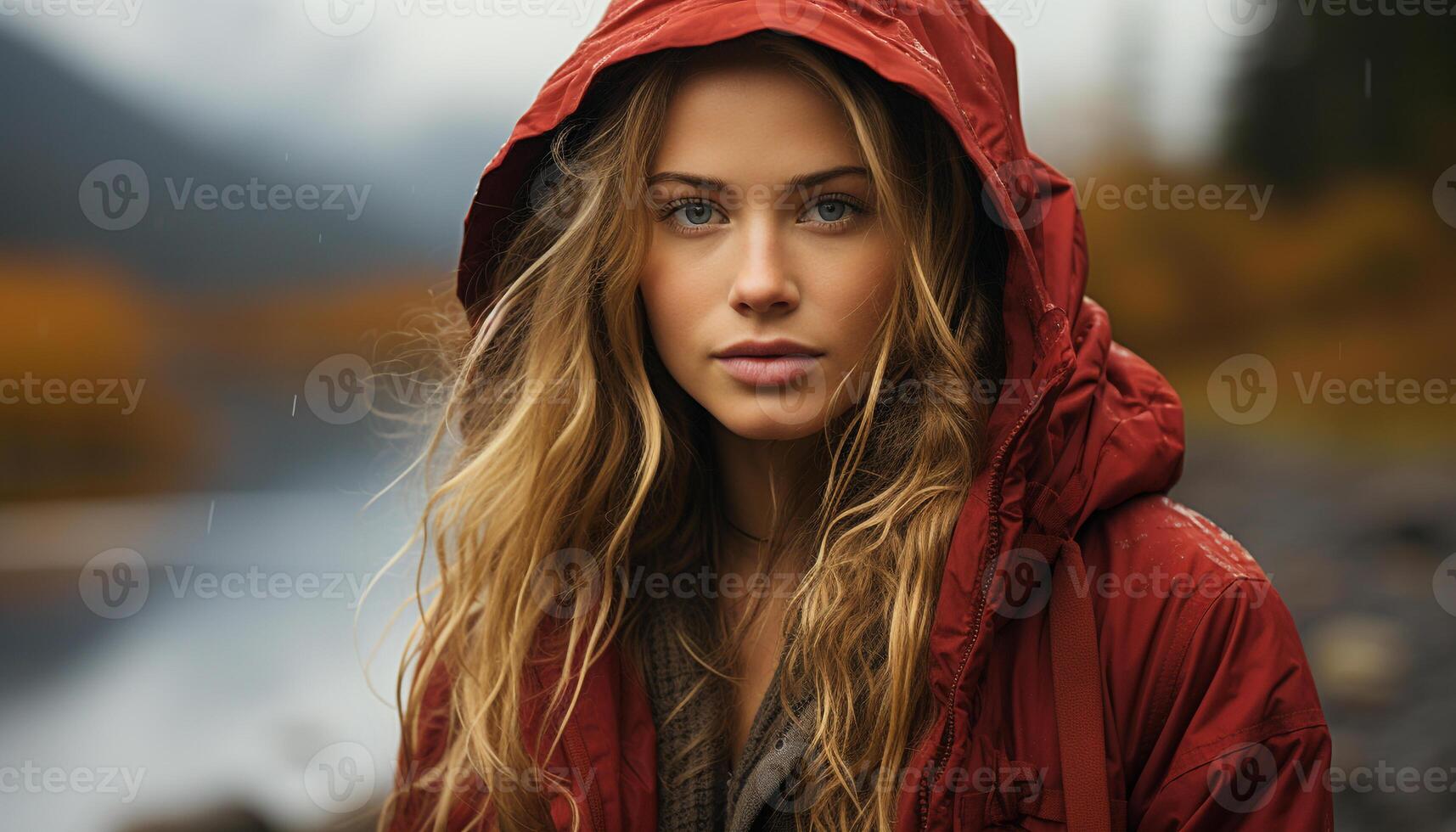 One young woman outdoors in autumn, looking at camera smiling generated by AI photo