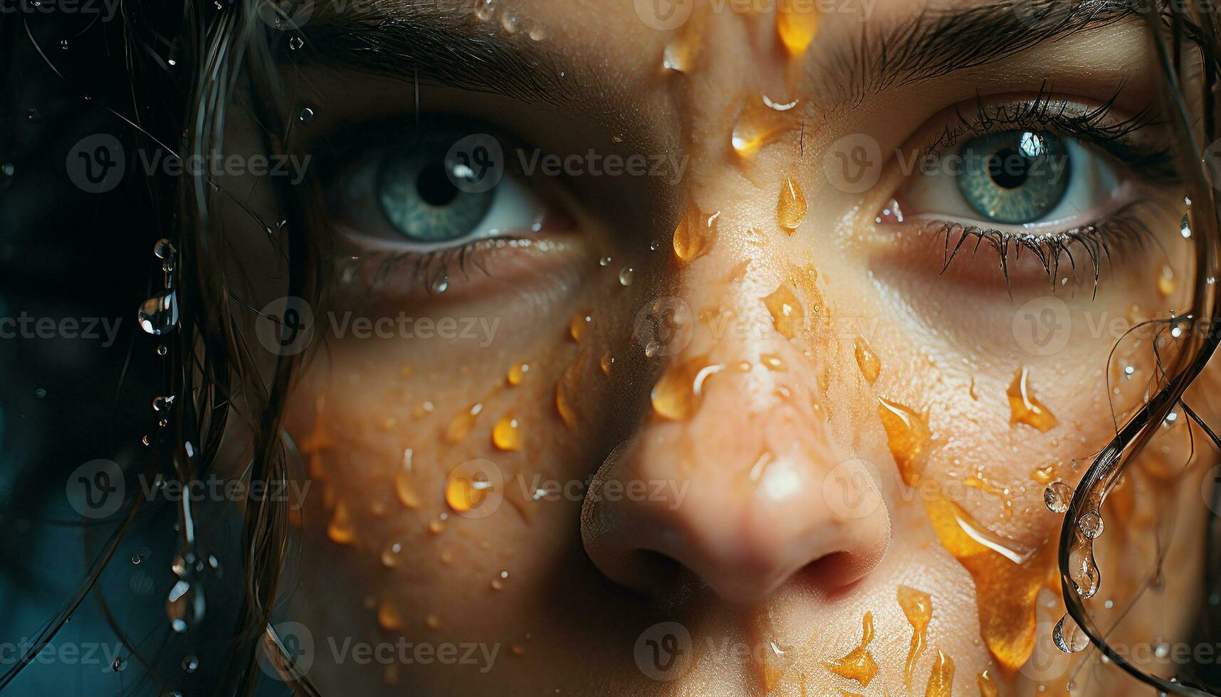 Smiling child with wet hair enjoys playing in the rain generated by AI photo