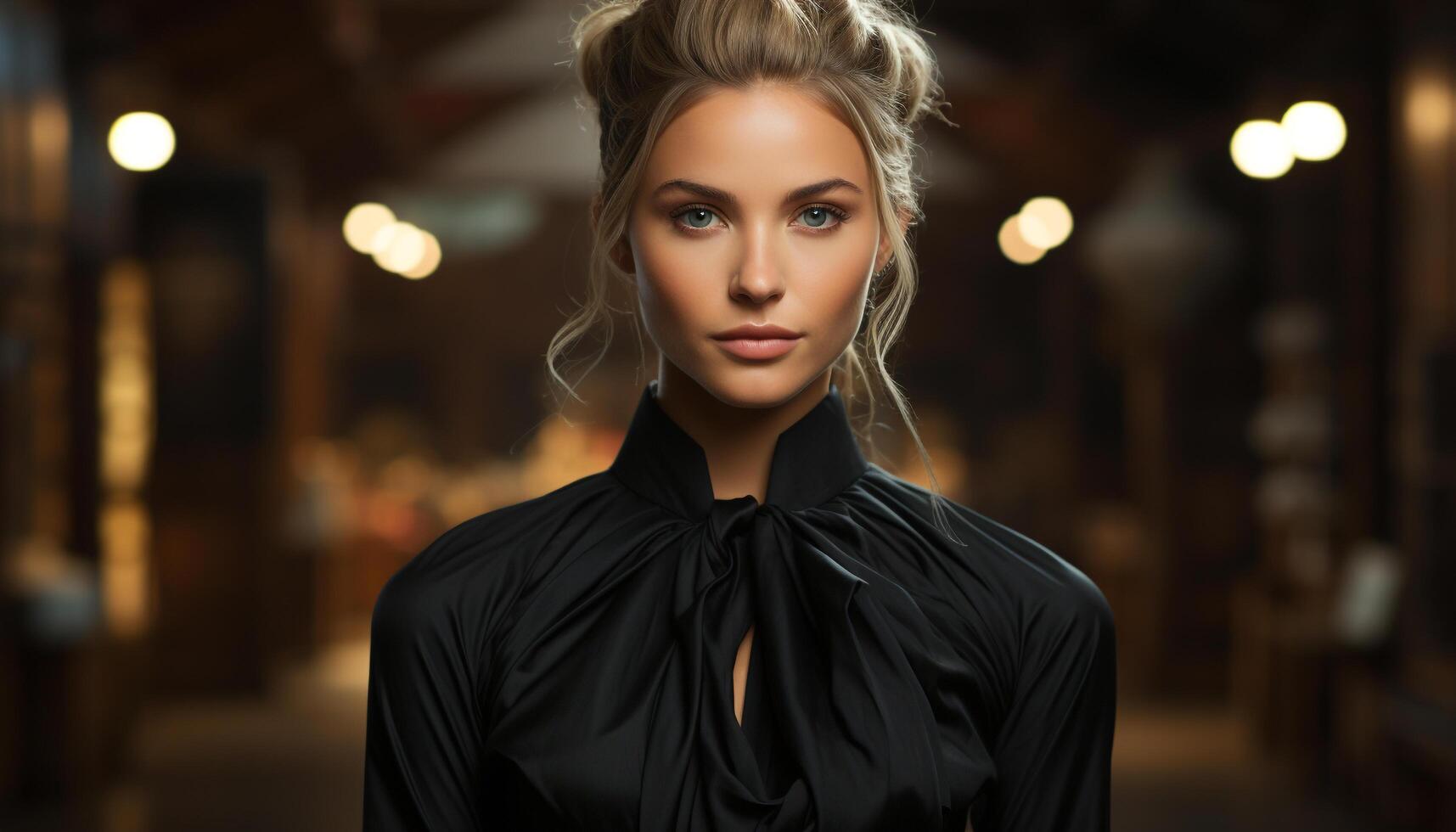 A beautiful young woman with blond hair looking confidently at the camera generated by AI photo